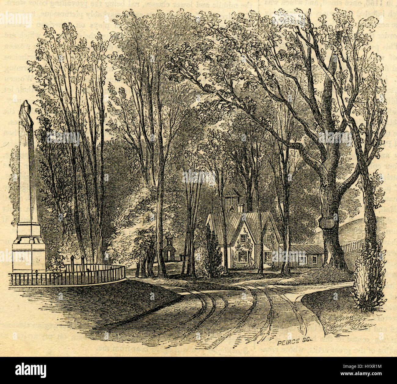 1854, gravure Antique Monument à Vert-bois cimetière. Vert-bois cimetière a été fondé en 1838 comme un cimetière rural dans le comté de Kings, New York. SOURCE : gravure originale. Banque D'Images