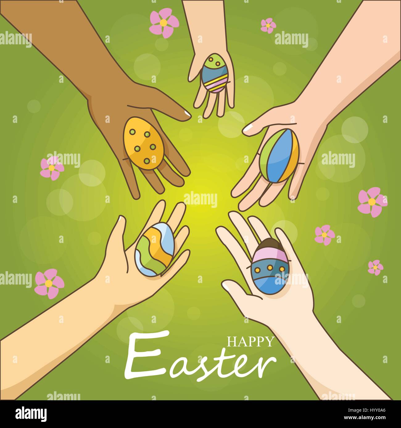 Ethnique multi mains tenant les oeufs de Pâques colorés après la chasse aux oeufs Illustration de Vecteur