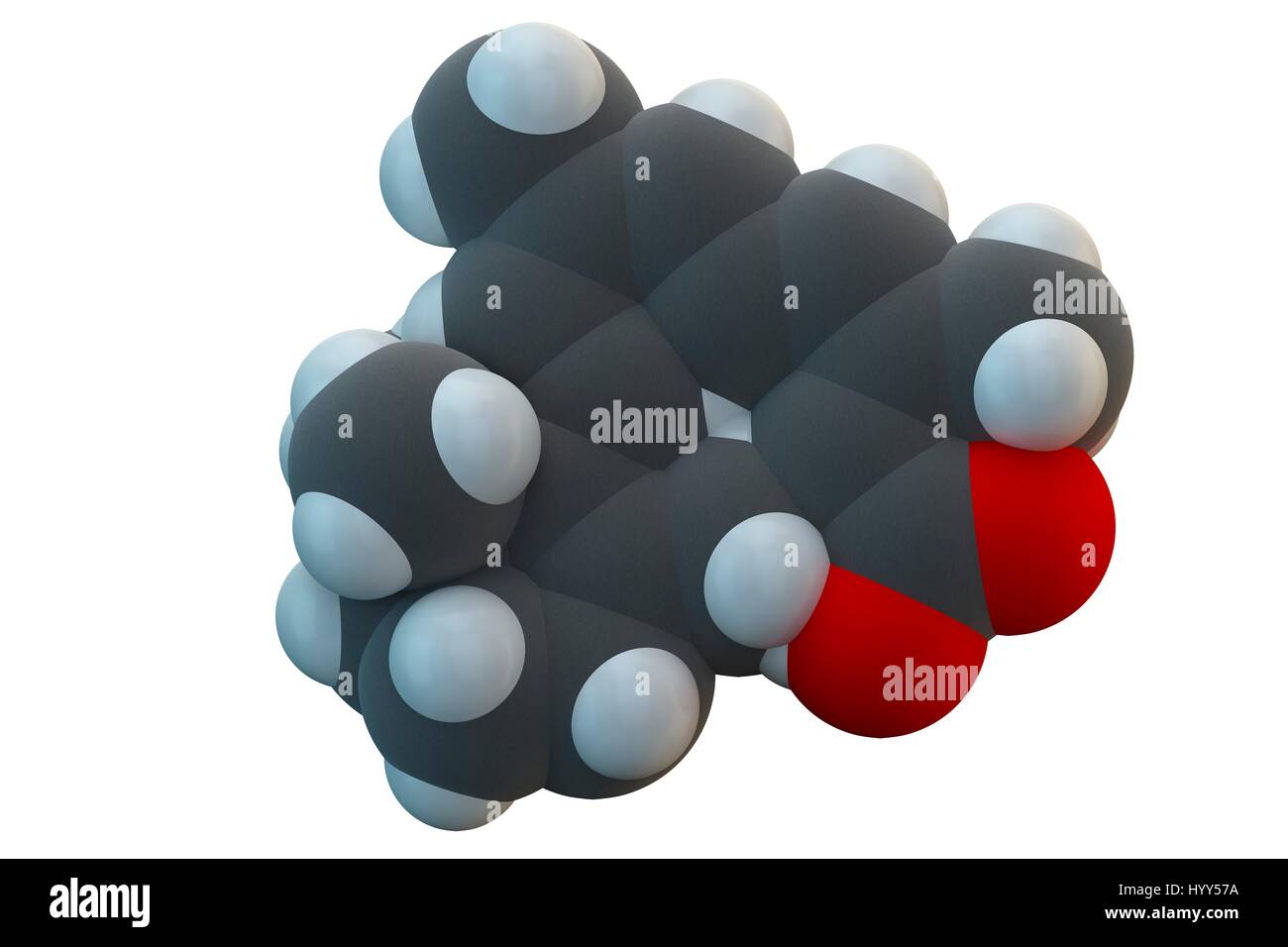 L'alitrétinoïne (9-cis-rétinoïque) cancer du sein et de l'eczéma molécule pharmaceutique. De l'analogique de la vitamine A. La formule chimique est C20H28O2. Les atomes sont représentés comme des sphères : le carbone (gris), l'hydrogène (blanc), l'oxygène (rouge). L'illustration. Banque D'Images