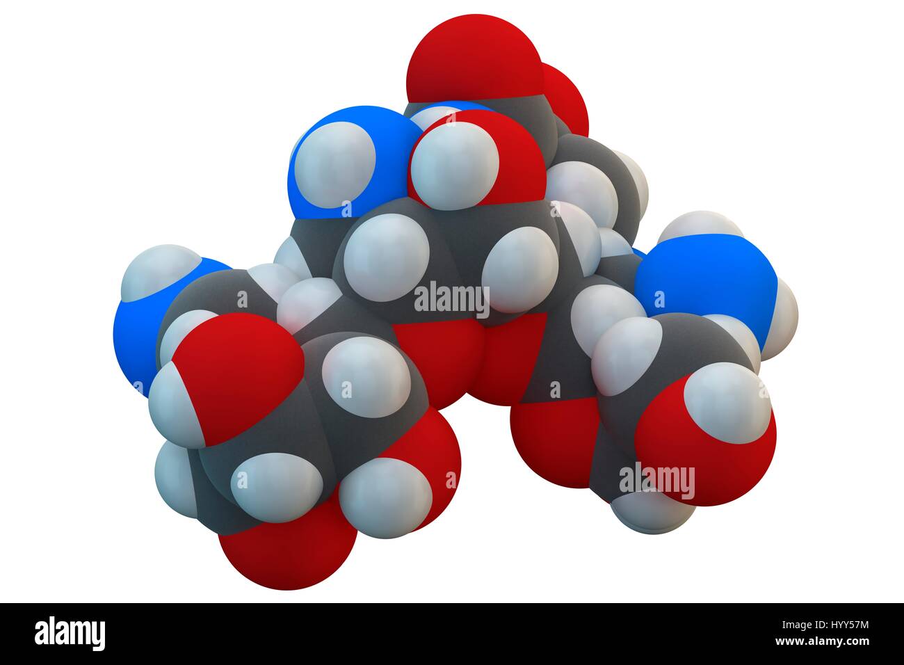 Molécule antibiotique aminoglycoside amikacine. Principalement utilisé comme traitement de dernier recours de bactéries à Gram négatif. La formule chimique est C22H43N5O13. Les atomes sont représentés comme des sphères : le carbone (gris), l'hydrogène (blanc), l'azote (bleu), l'oxygène (rouge). L'illustration. Banque D'Images