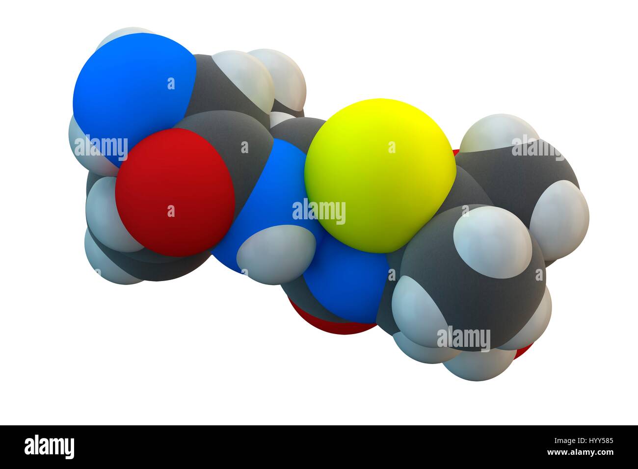 Ampicillin bêta-lactamines molécule pharmaceutique. La formule chimique est C16H19N3O4S. Les atomes sont représentés comme des sphères : le carbone (gris), l'hydrogène (blanc), l'azote (bleu), l'oxygène (rouge), le soufre (jaune). L'illustration. Banque D'Images