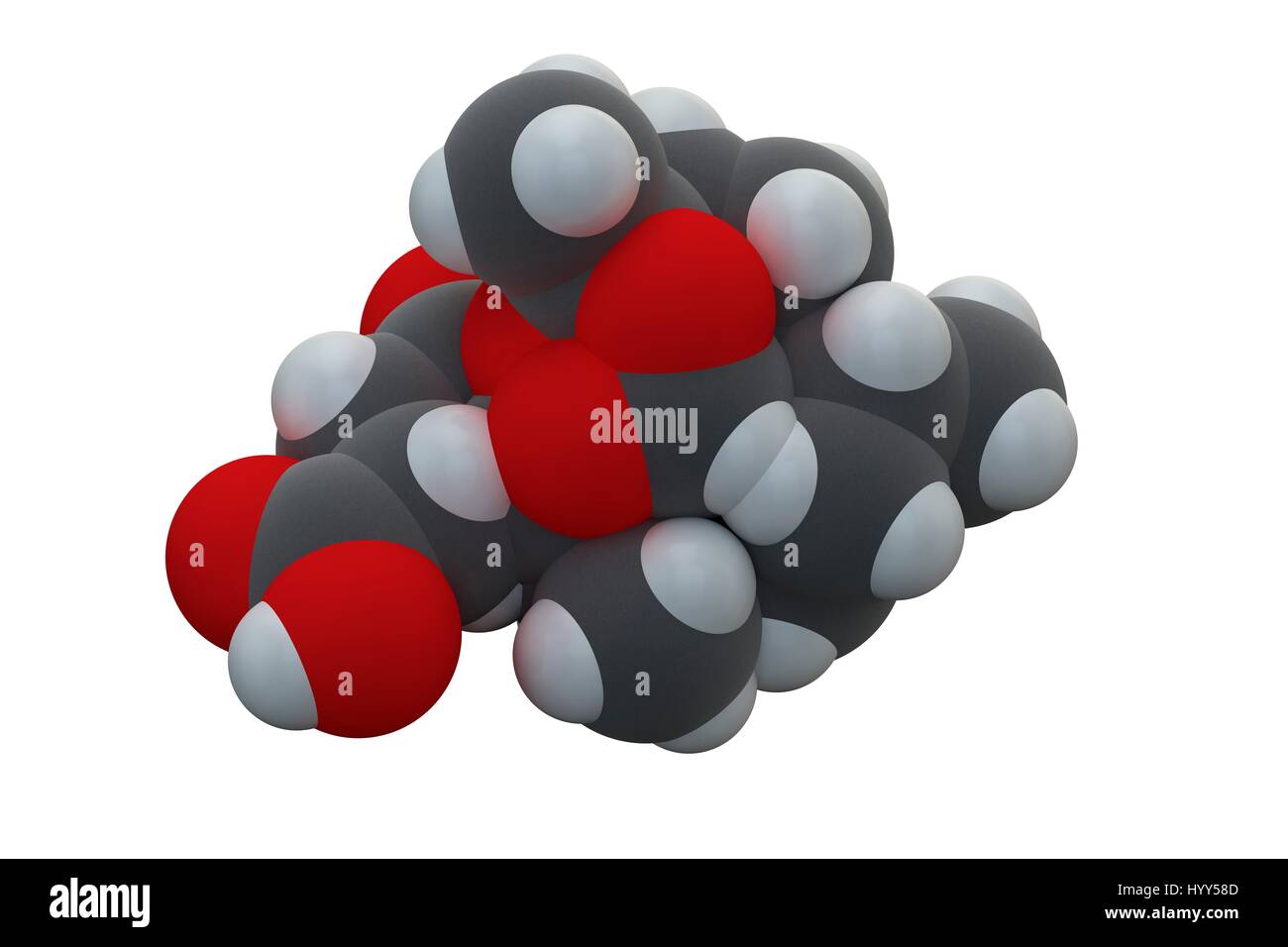 Le paludisme Artesunate molécule pharmaceutique. La formule chimique est C19H28O8. Les atomes sont représentés comme des sphères : le carbone (gris), l'hydrogène (blanc), l'oxygène (rouge). L'illustration. Banque D'Images