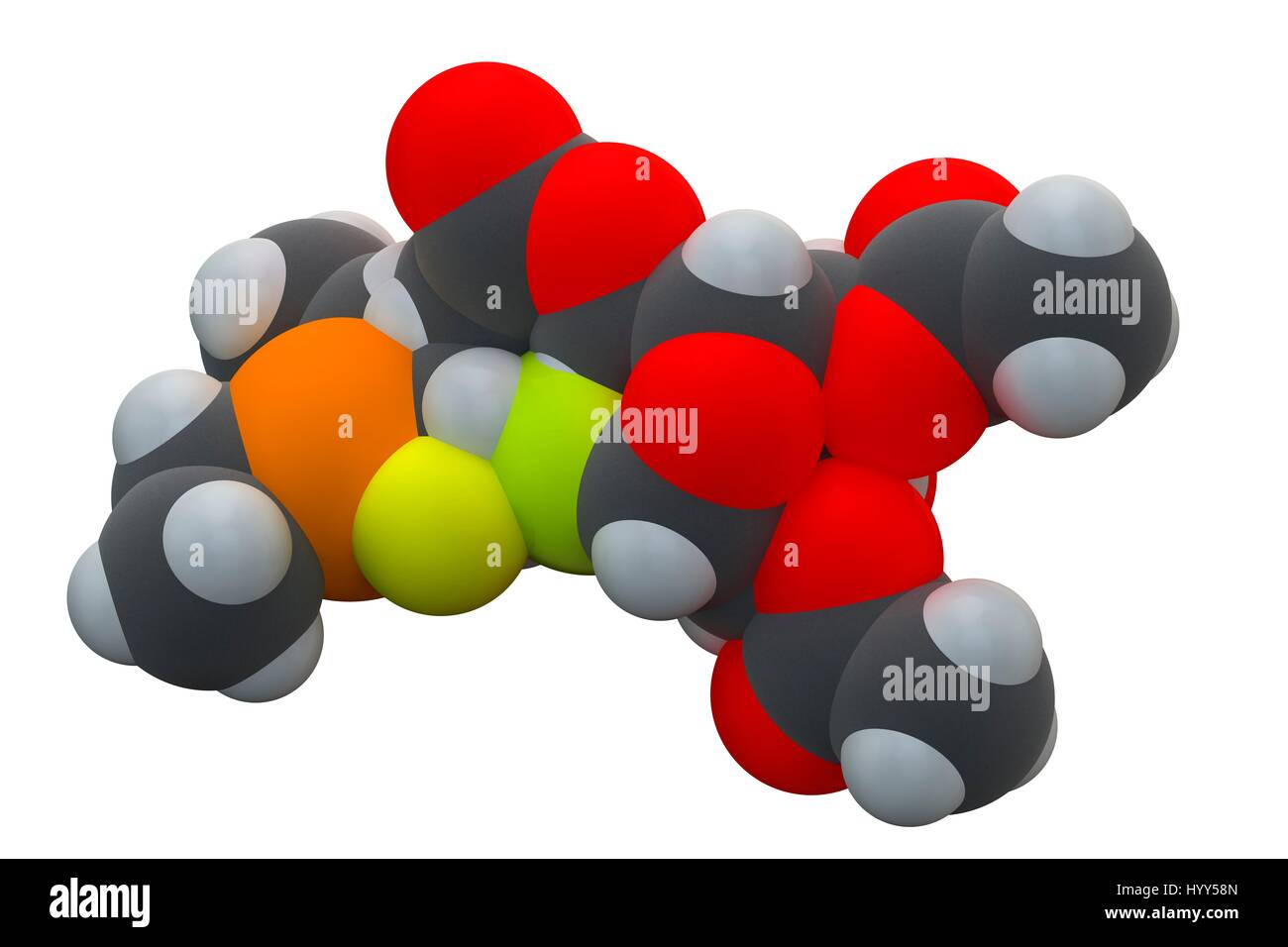 Auranofin molécule pharmaceutique. Auranofin, commercialisé sous le nom de Ridaura, est un complexe d'or(I) classés par l'Organisation mondiale de la santé en tant qu'un agent. Il est utilisé pour traiter la polyarthrite rhumatoïde, mais aussi intéressant et a des yeux effets antiviraux. La formule chimique est C20H34AuO9PS. Les atomes sont représentés comme des sphères : le carbone (gris), l'hydrogène (blanc), l'oxygène (rouge), le phosphore (orange), or (jaune) et de soufre (vert). L'illustration. Banque D'Images