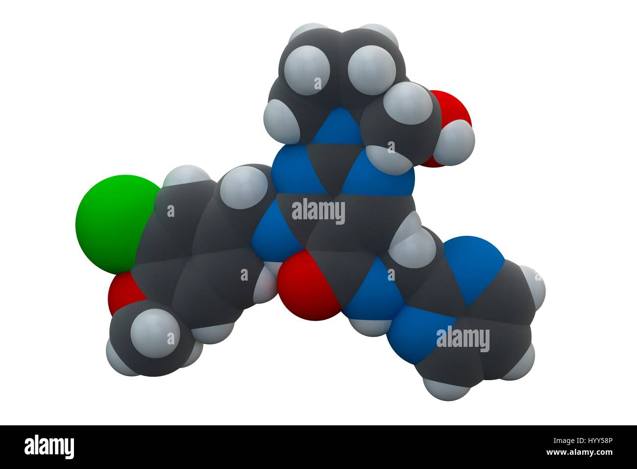 Avanafil dysfonction érectile molécule pharmaceutique. Inhibiteur de la PDE5 utilisé dans le traitement de l'impuissance. La formule chimique est C23H26ClN7O3. Les atomes sont représentés comme des sphères : le carbone (gris), l'hydrogène (blanc), le chlore (vert), l'azote (bleu), l'oxygène (rouge). L'illustration. Banque D'Images