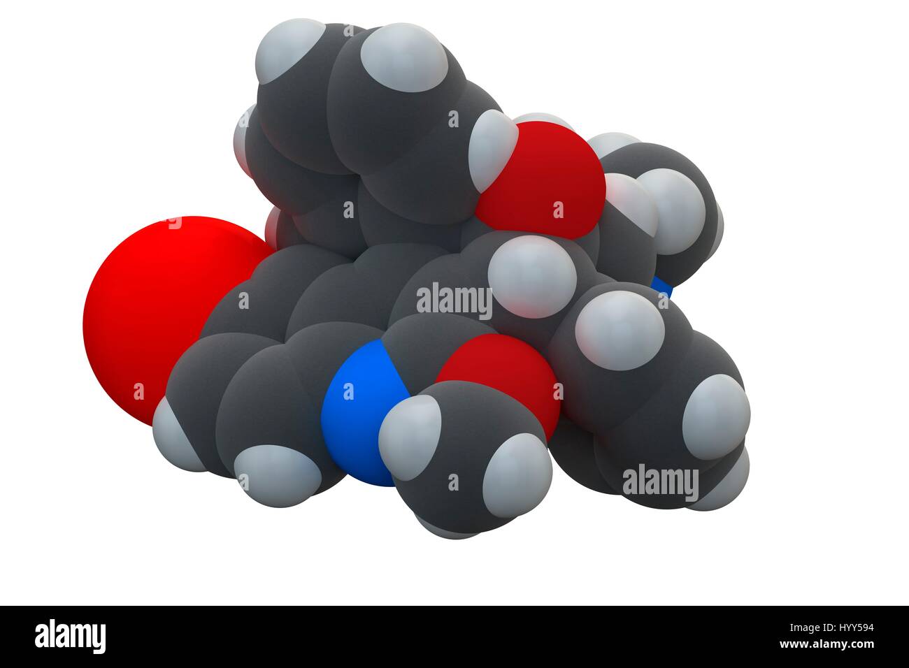 La tuberculose - la Bedaquiline. Diarylquinoline antibactérien employé dans le traitement des infections à mycobacterium tuberculosis. La formule chimique est C32H31BrN2O2. Les atomes sont représentés comme des sphères : le carbone (gris), l'hydrogène (blanc), l'azote (bleu), l'oxygène (rouge). L'illustration. Banque D'Images