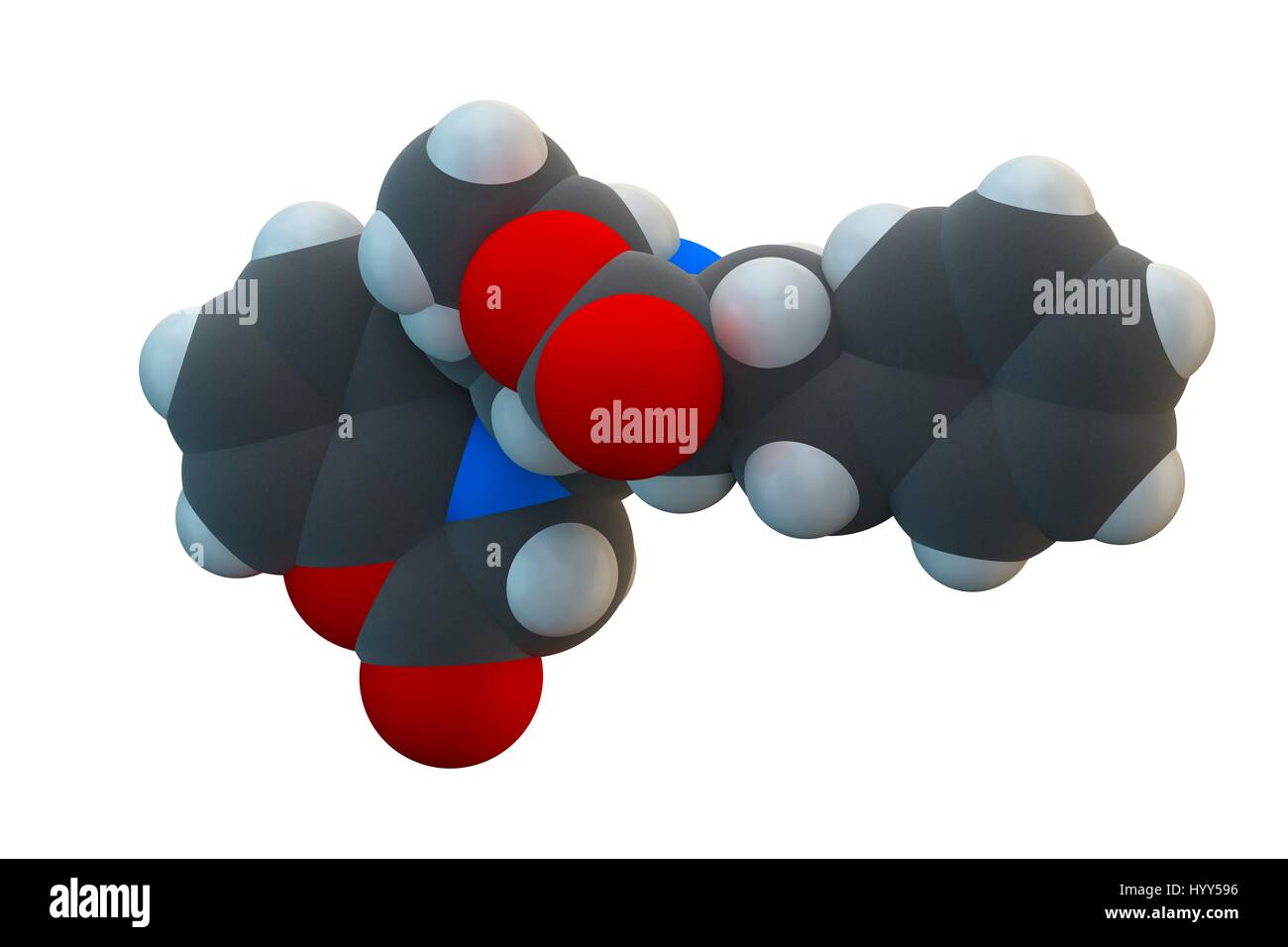 Bendamustine chimiothérapie du cancer molécule pharmaceutique (moutarde à l'azote). La formule chimique est C16H21Cl2N3O2. Les atomes sont représentés comme des sphères : le carbone (gris), l'hydrogène (blanc), le chlore (vert), l'azote (bleu), l'oxygène (rouge). L'illustration. Banque D'Images
