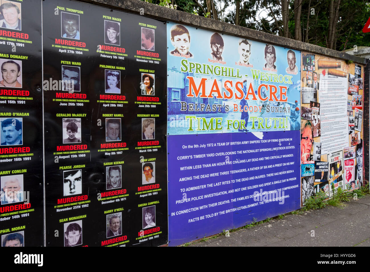 Fresque commémorant le massacre de Springhill, Beechmount Avenue, Belfast, County Antrim, Northern Ireland, UK Banque D'Images