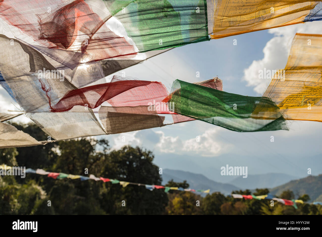 Les drapeaux de prières dans le vent Banque D'Images