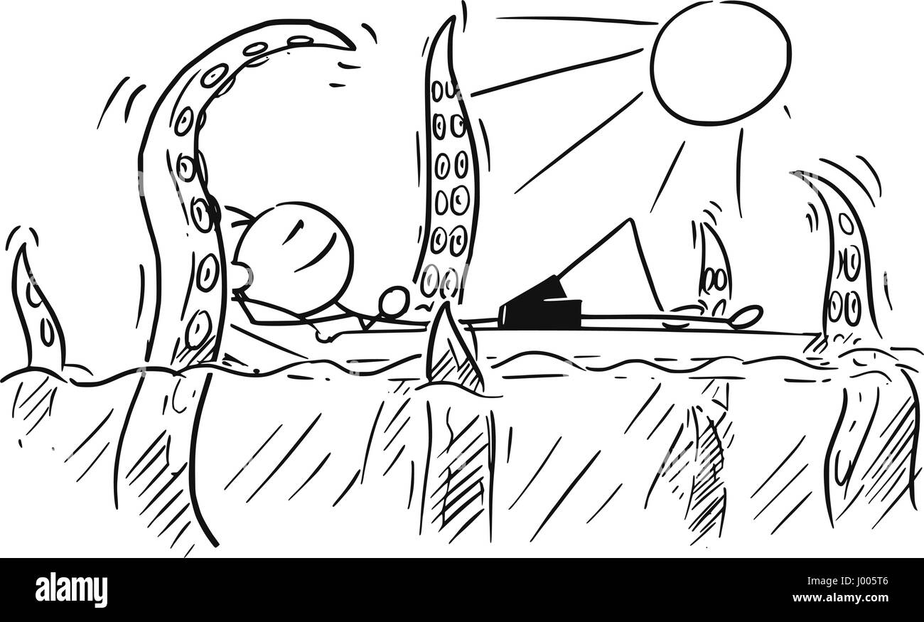 Cartoon vector stickman smiling bénéficiant d'un voile d'air matelas matelas sur été vacances avec octopus calmar sortis autour de prêt à l'attaque Illustration de Vecteur