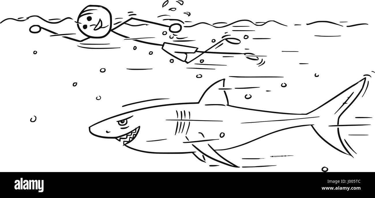Cartoon vector stickman smiling bénéficiant d'une ramper sur été vacances avec grand requin autour de Illustration de Vecteur