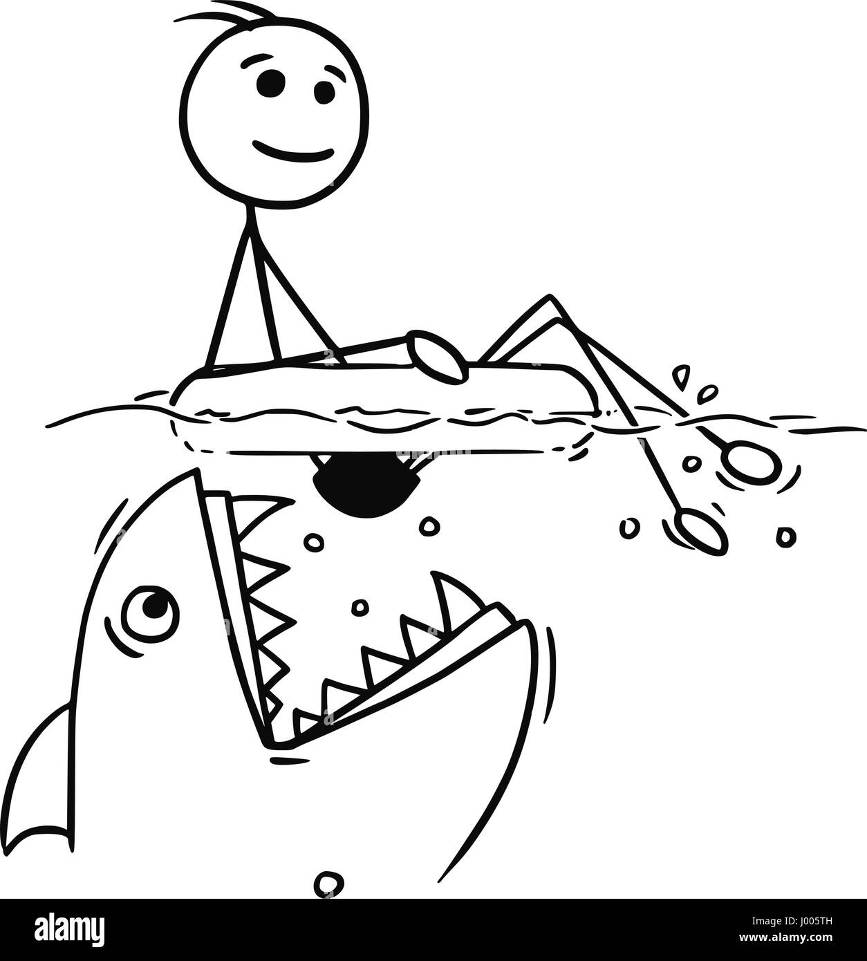 Cartoon vector stickman smiling profiter de vous détendre assis sur anneau gonflable nager tout en attaqué par des poissons de grande taille ou shark Illustration de Vecteur