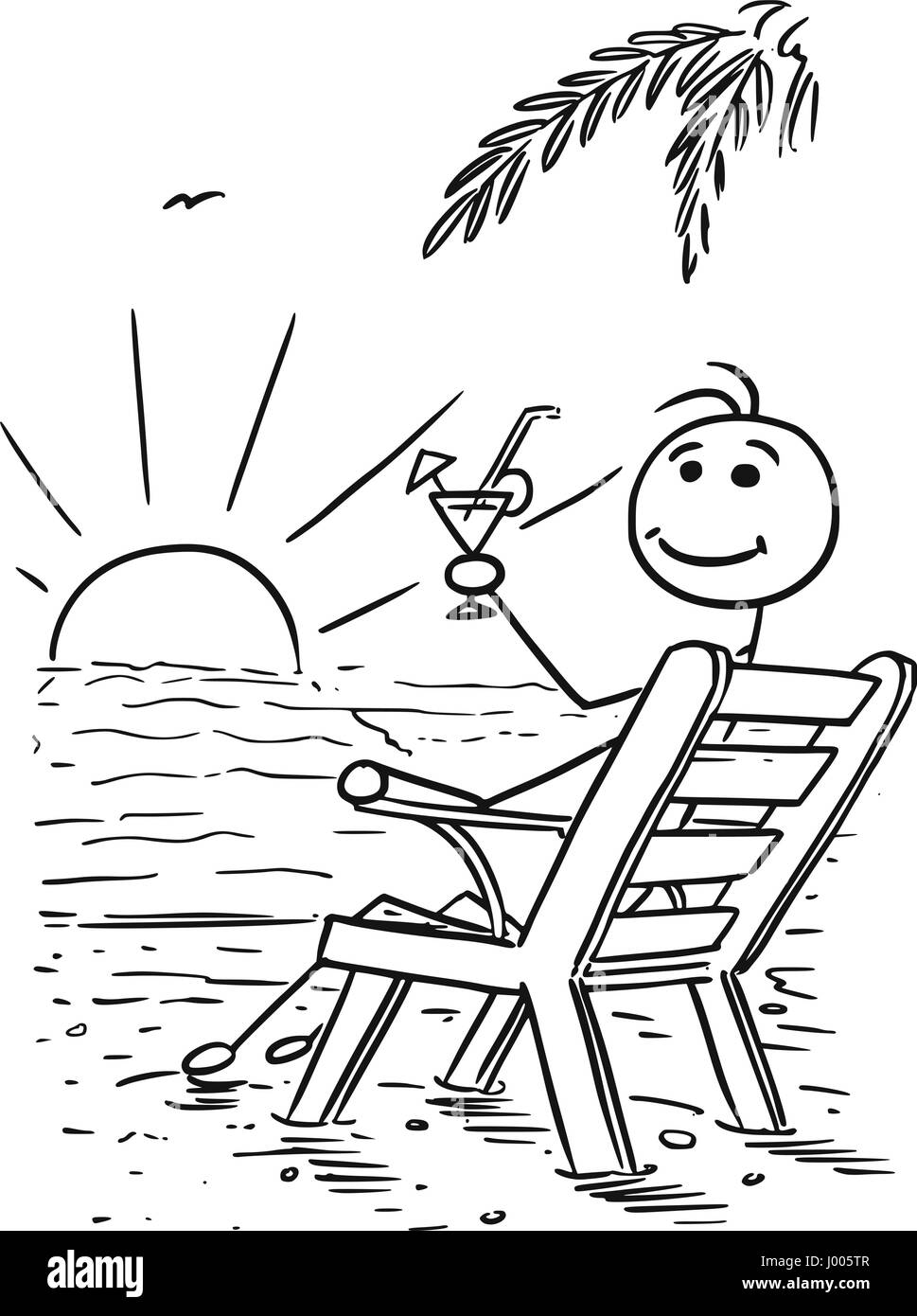 Cartoon vector stickman smiling profiter de vous détendre assis sur la chaise de plage sous palmier de boire son verre et regarder le coucher du soleil Illustration de Vecteur