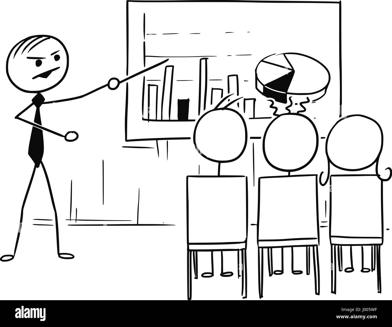 Vector Cartoon doodle stickman stick man homme patron ou enseignant est présentant plusieurs graphiques sur le tableau ou l'écran, 3 bureau travailleurs ou étudiants sont tr Illustration de Vecteur