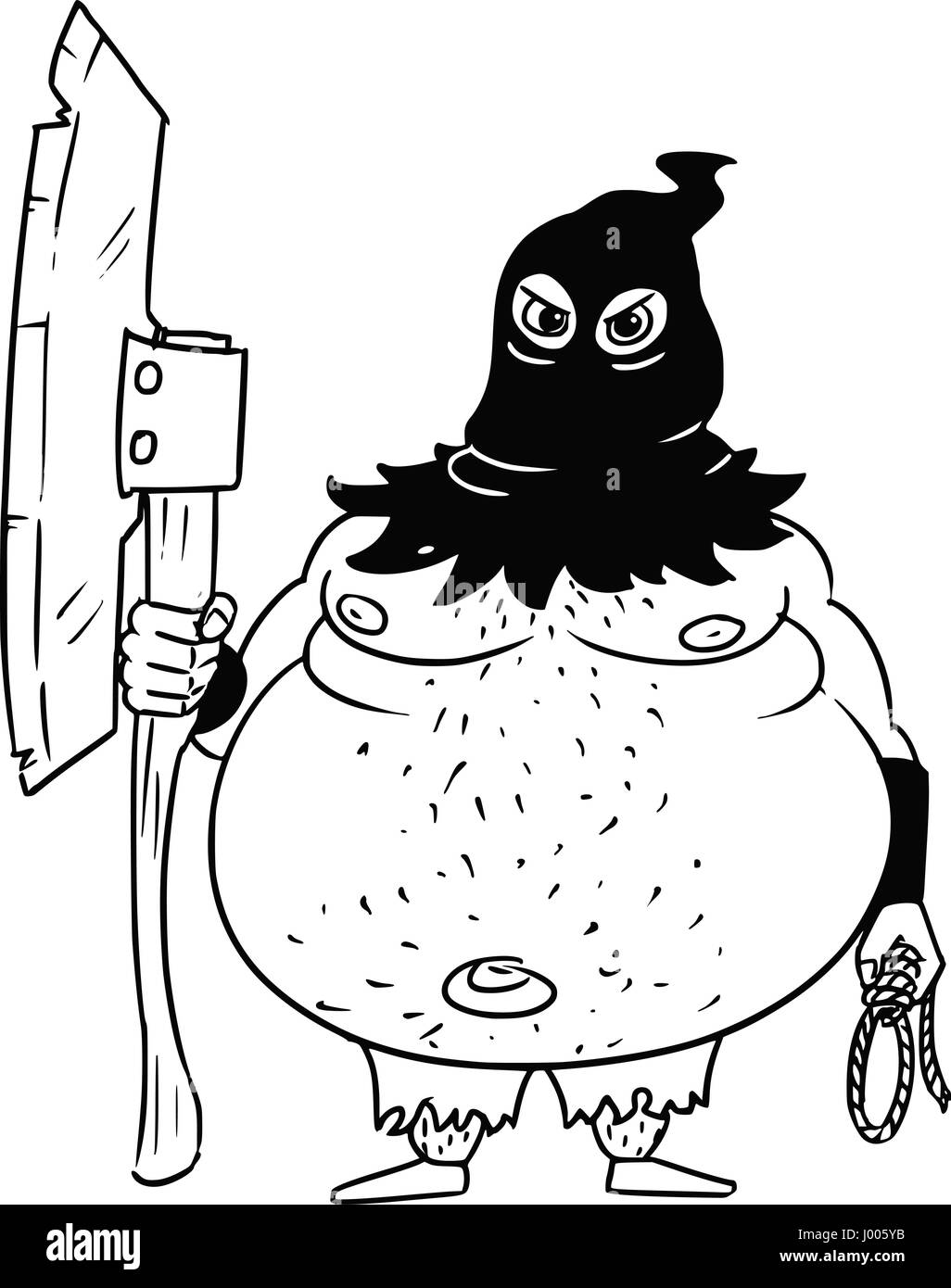 Vector Cartoon fantasy medieval executioner headsman pendu avec grosse hache, corde et capot noir Illustration de Vecteur