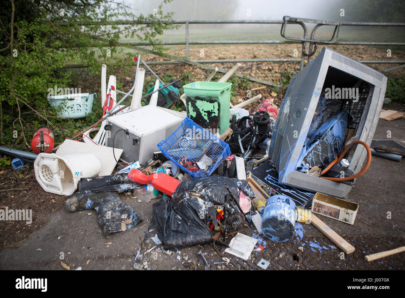 En faisant des déchets la campagne du Wiltshire, un problème social, les décharges sauvages causant la pollution de l'environnement Banque D'Images