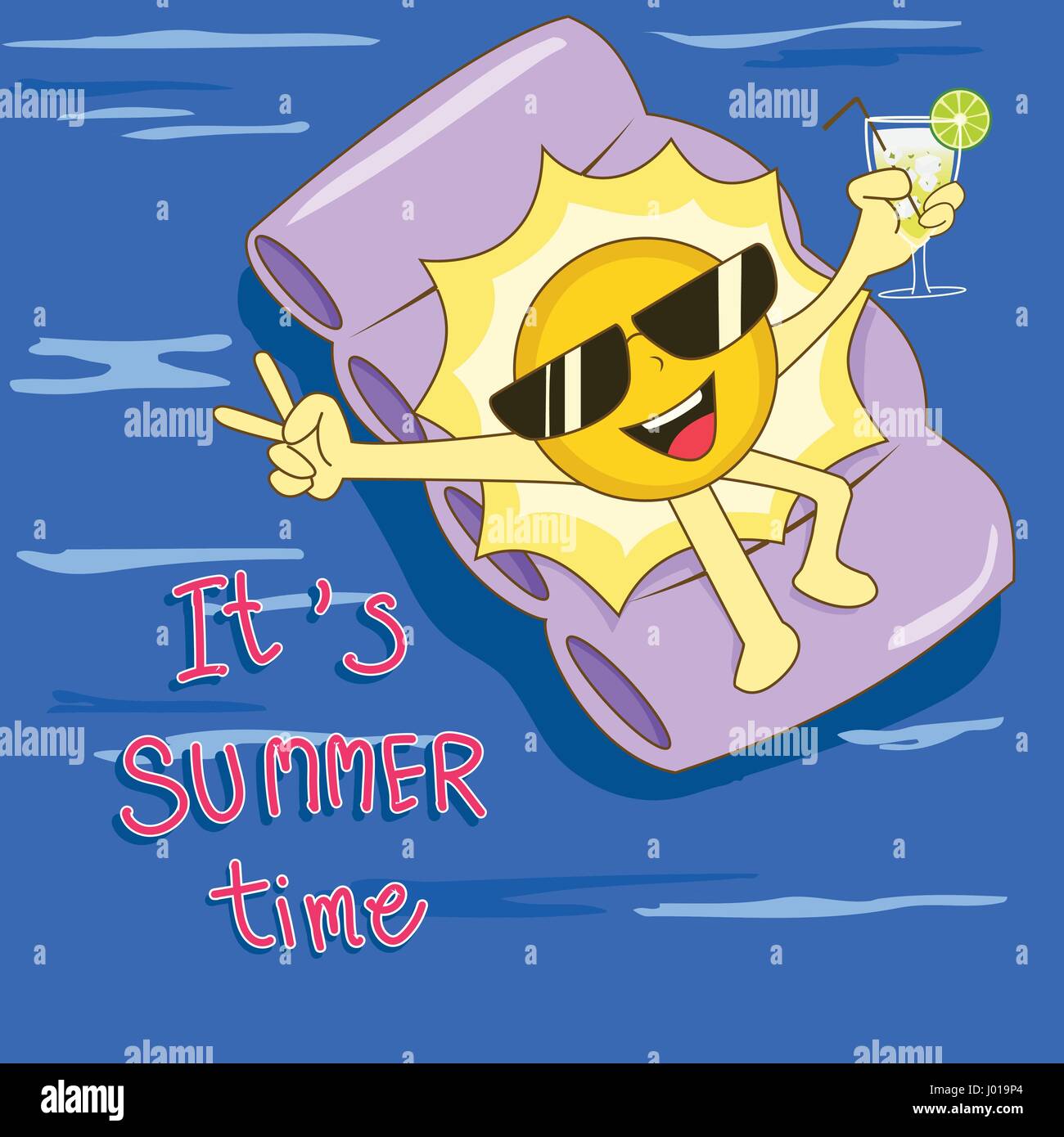 Heureux bien sur matelas d'air flottant avec verre à cocktail à la main Illustration de Vecteur