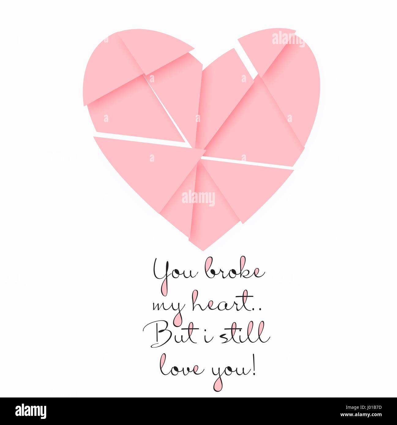 Carte postale de vecteur pour Valentine s day avec un cœur brisé et un devis. Modèle pour poster ou carte dans des tons roses. Illustration de Vecteur