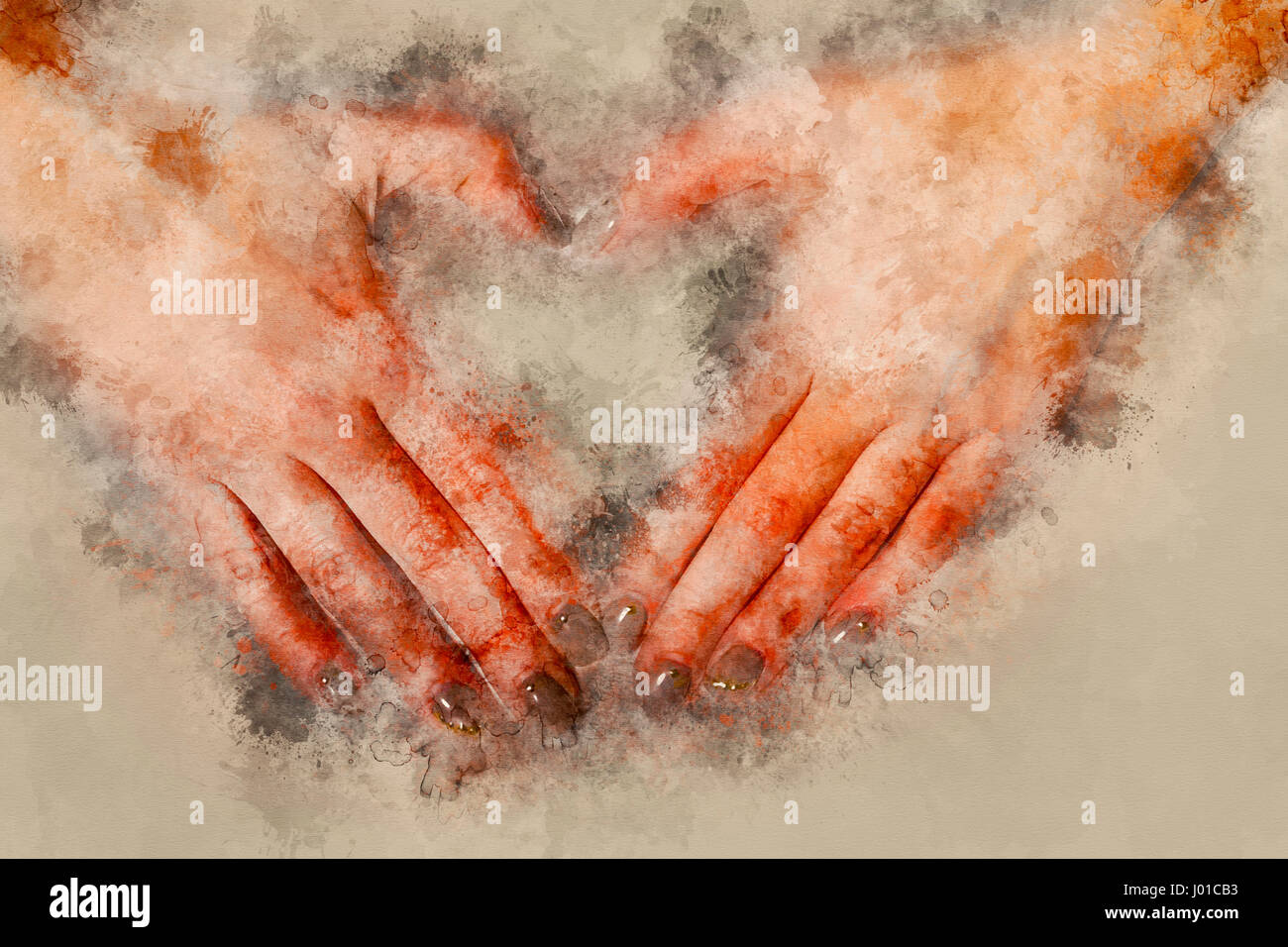 Les mains dans la forme de coeur. Contexte aquarelle Banque D'Images