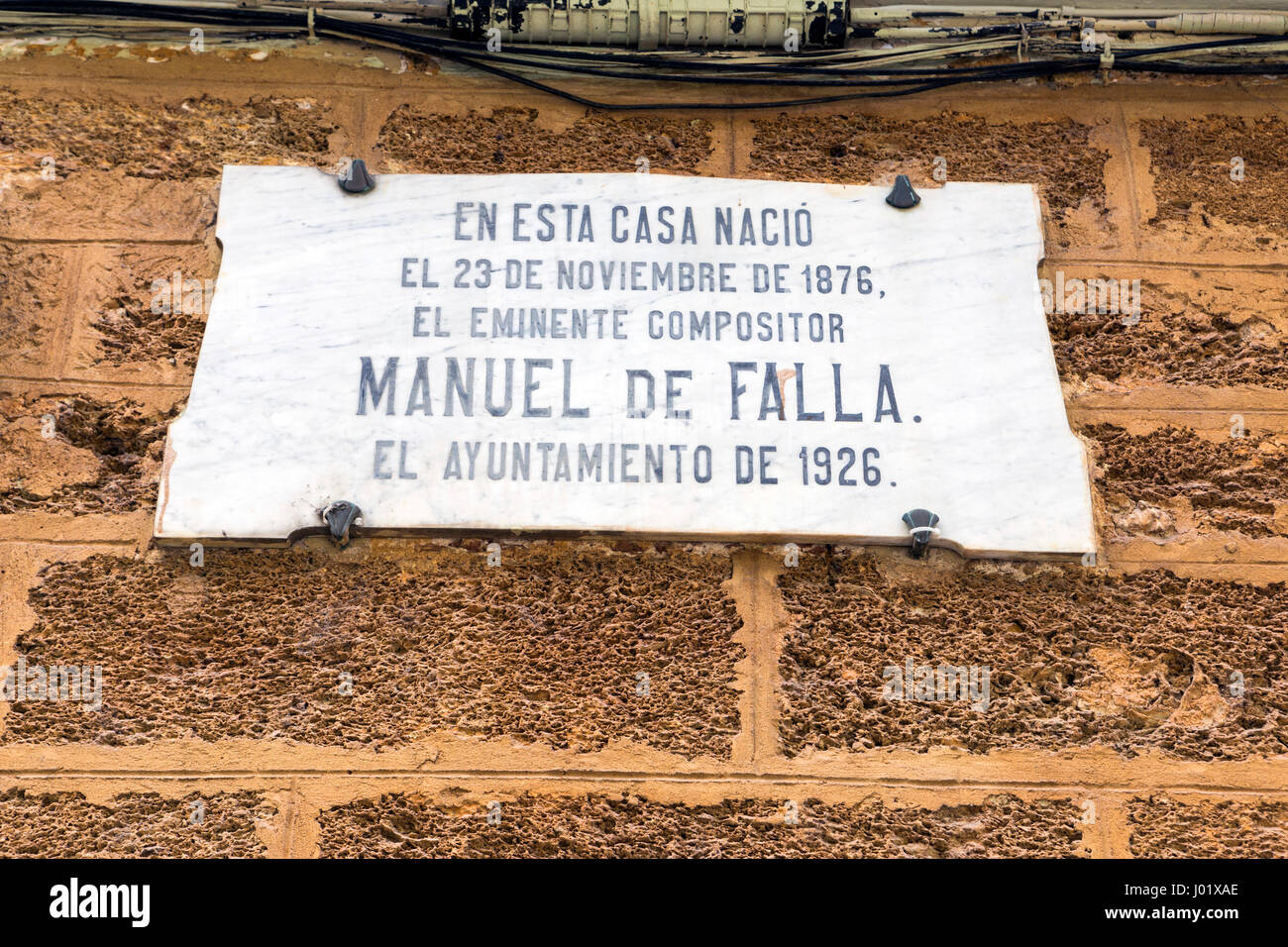 Cadix espagne- 1 Avril : maison où naquit le compositeur espagnol Manuel de Falla, le 23 novembre 1876, l'inscription indique dans son conmem indique en marbre Banque D'Images