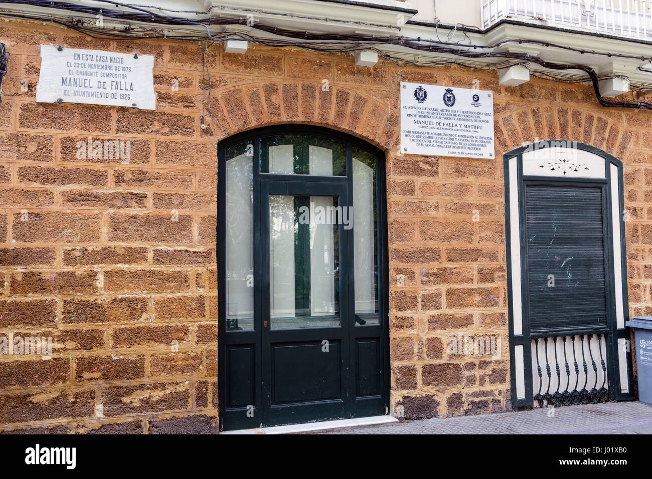 Cadix espagne- 1 Avril : maison où naquit le compositeur espagnol Manuel de Falla, le 23 novembre 1876, l'inscription indique dans son conmem indique en marbre Banque D'Images