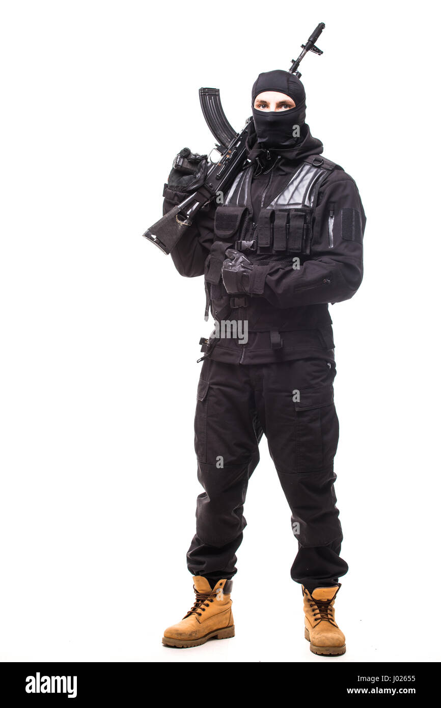 Soldat avec carabine sur un fond blanc Banque D'Images