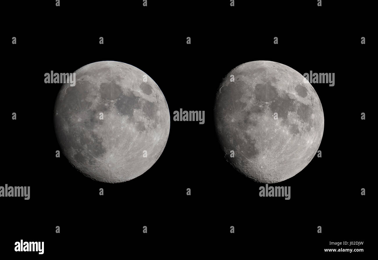 Londres, Royaume-Uni. 8 avril 2017. 93 % allumé Lune gibbeuse croissante dans la nuit claire ciel au-dessus de Londres (à gauche) par rapport à la lune illuminée de 86  % à partir de la soirée du 7 avril. Les expériences de Londres source claire ininterrompue ciel au-dessus de la fin de semaine. Credit : Malcolm Park/Alamy Live News. Banque D'Images