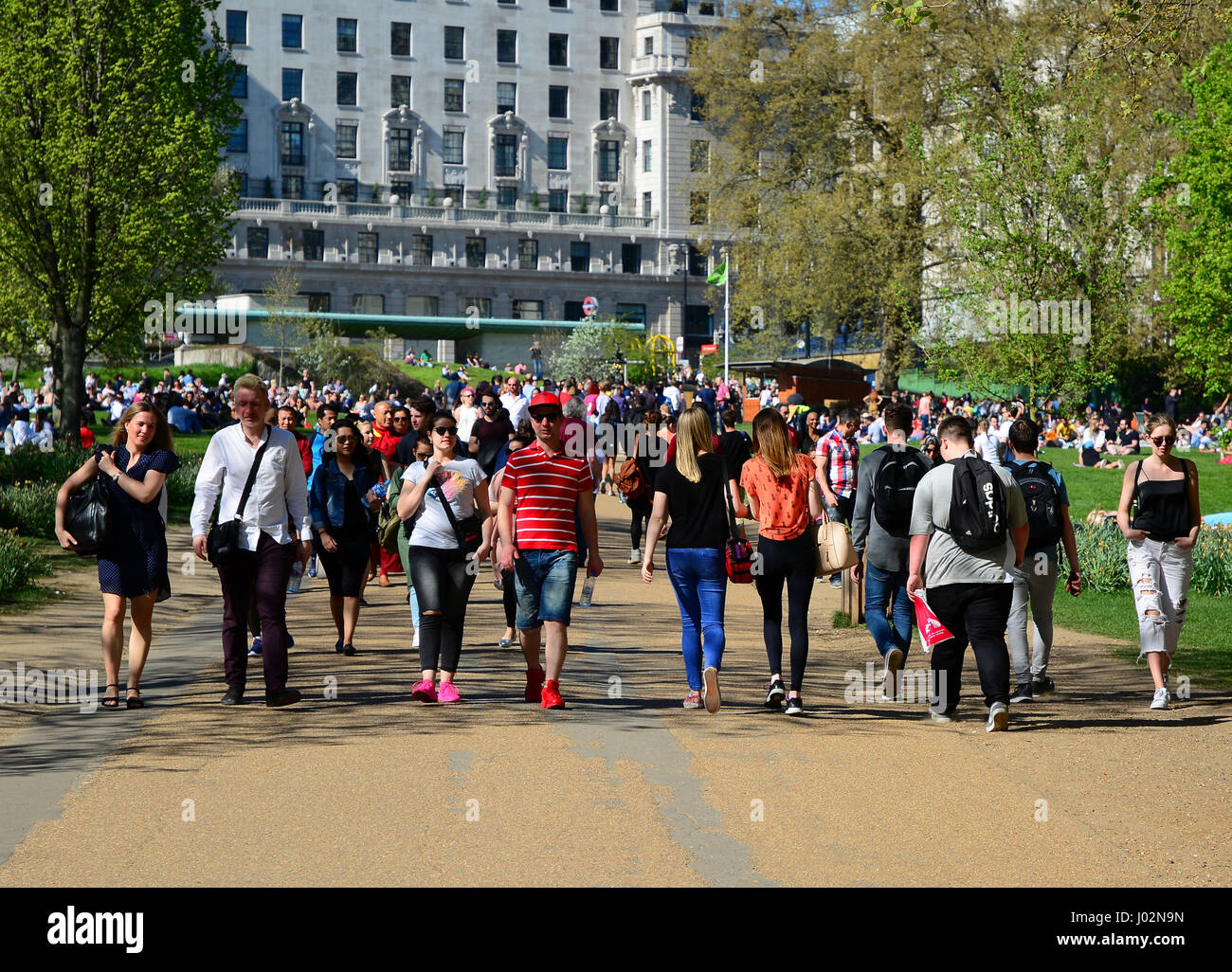 London, UK 9 avril 2017. Météo France : journée la plus chaude depuis le début de l'année et les foules viennent à Green Park pour profiter du beau temps ce week-end à Londres, Angleterre, Royaume-Uni. Banque D'Images