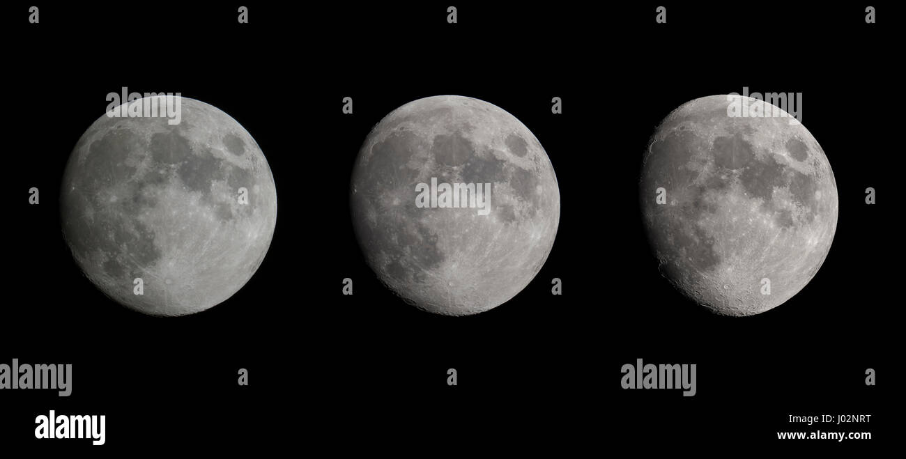 Londres, Royaume-Uni. 9 avril 2017. 97 % allumé Lune gibbeuse croissante dans la nuit claire ciel au-dessus de Londres (à gauche) par rapport à 93  % et 86  % de la lune illuminée le soir du 8 et 7 avril. Londres a connu un ciel clair sans interruption pendant le week-end de printemps. Credit : Malcolm Park/Alamy Live News. Banque D'Images