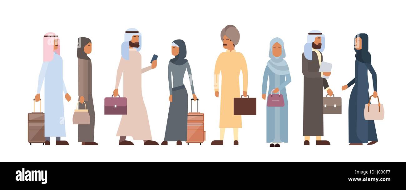 Peuple musulman foule Business Man and Woman vêtements traditionnels caractères arabes Illustration de Vecteur