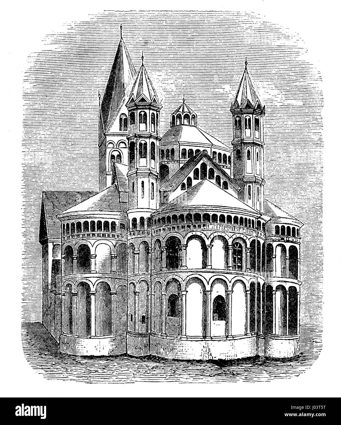 Vintage gravure de basilique des Saints-Apôtres, construite à partir de XI siècle au XIII siècle à Cologne (Koeln) Allemagne en style roman et gothique. Banque D'Images