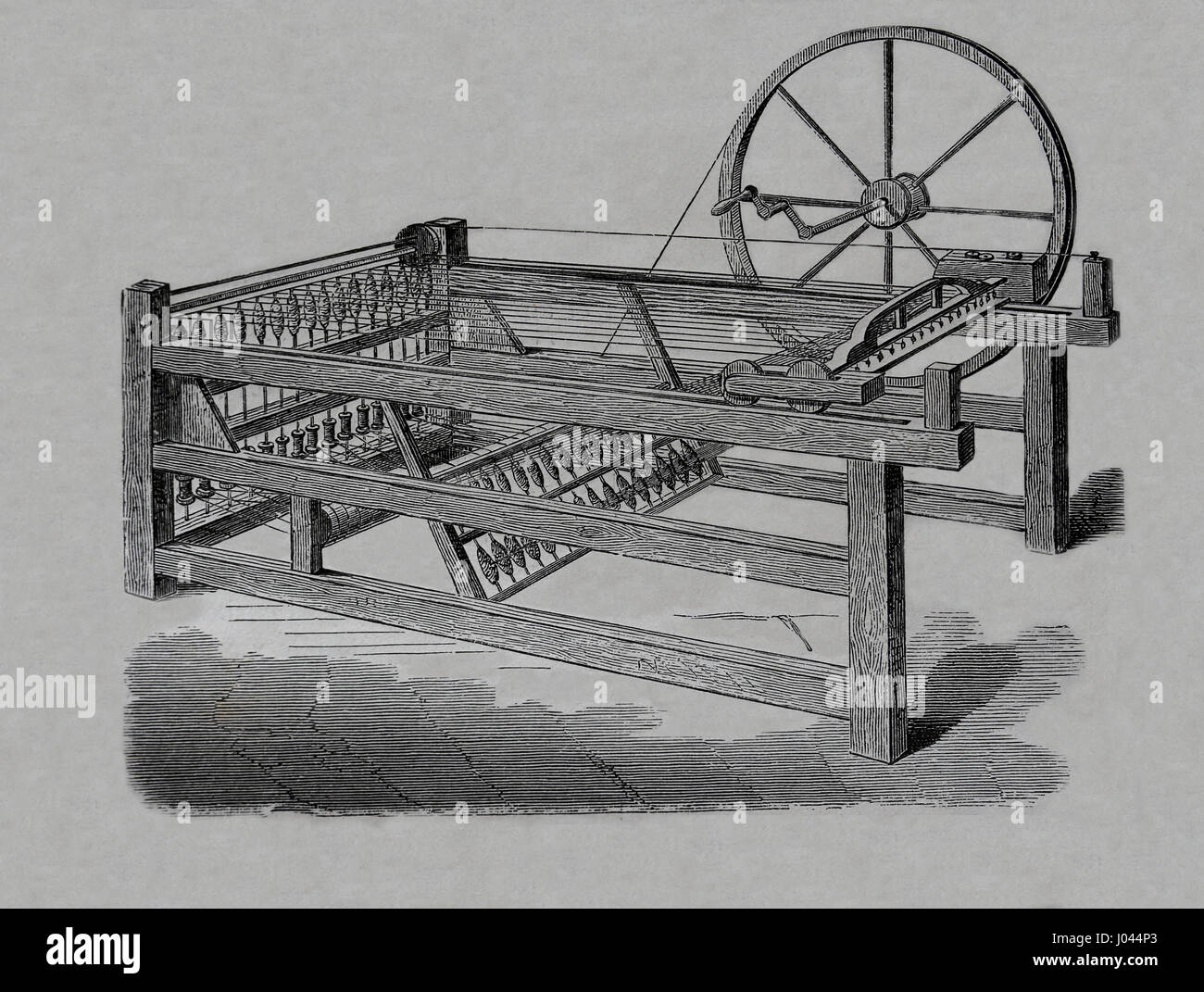 Révolution industrielle. Hargreaves's spinning-Jenny, inventé dans les années 1760. La gravure, Nuestro Siglo, 1883. Edition espagnol. Banque D'Images Révolution industrielle. Hargreaves's spinning-Jenny, inventé dans les années 1760. La gravure, Nuestro Siglo, 1883. Edition espagnol. Banque D'Images
