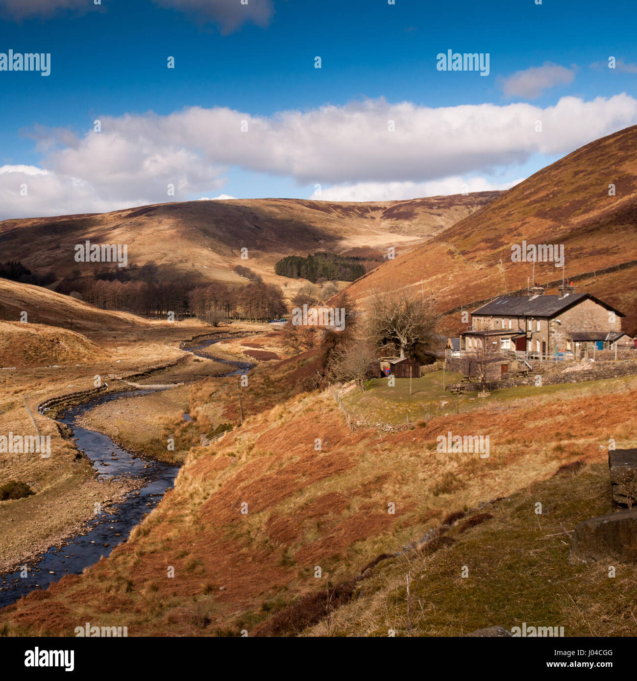 Une rivière traverse le creux profond de Bowland vallée à travers les hautes landes et collines de la forêt de Bowland dans le Lancashire. Banque D'Images
