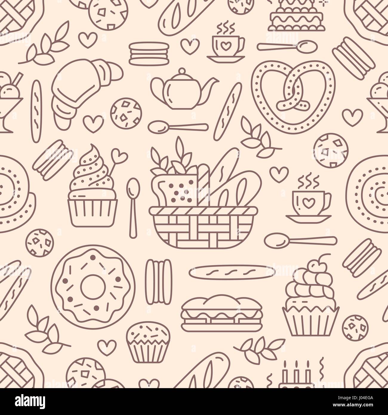 Modèle sans couture boulangerie, de l'alimentation contexte vecteur de couleur beige. Les produits de confiserie fine ligne icons - gâteaux, croissants, muffins, pâtisseries, cupcake, gâteau. Jolie illustration pour répétées sweet shop Illustration de Vecteur