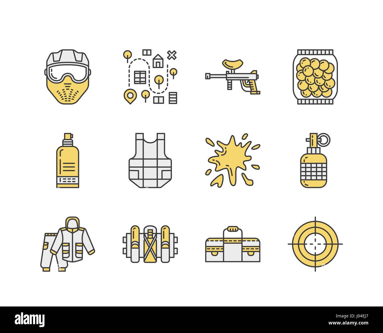 Icônes de ligne de jeu de paintball. L'équipement de sport de plein air, paint ball marker, uniforme, masque, protection de la poitrine. Loisirs extrêmes signes linéaires minces Illustration de Vecteur