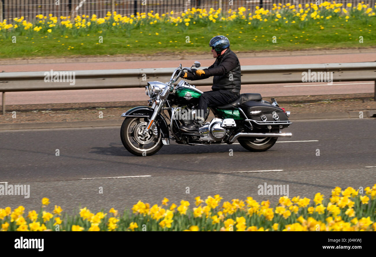 Une Harley Davidson Road King Classic Moto voyageant le long de la route à l'ouest de Kingsway à Dundee, Royaume-Uni Banque D'Images