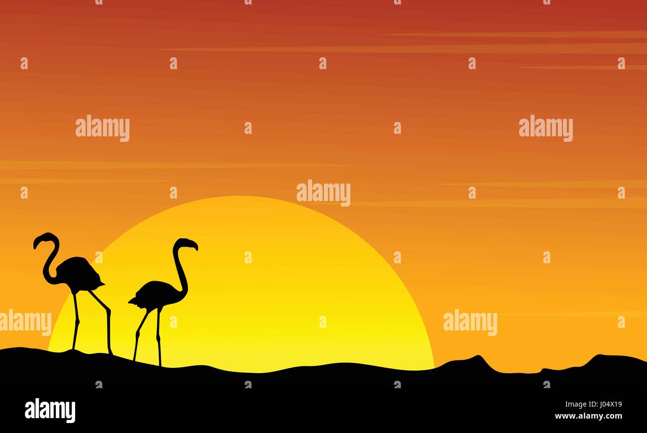 Silhouette de flamants sur orange sky landscape vector illustration Illustration de Vecteur