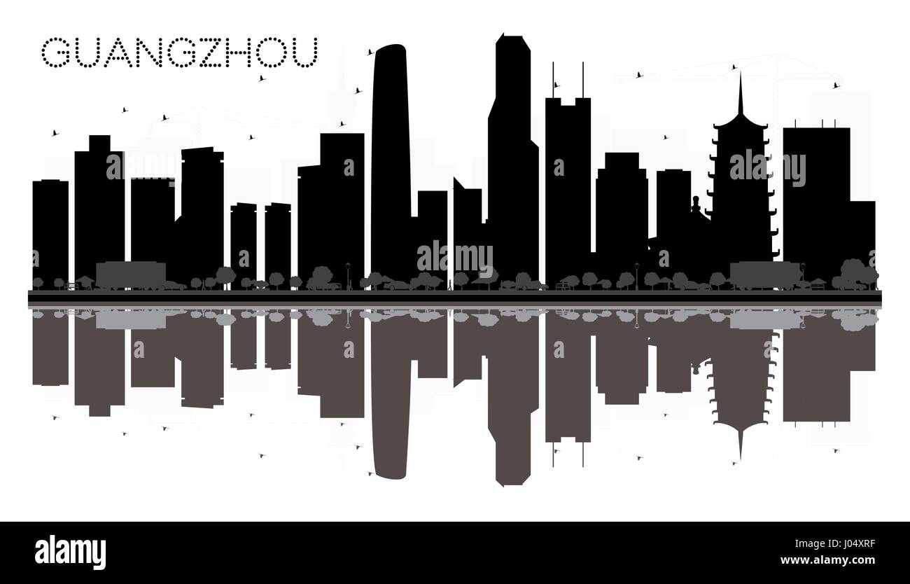 Guangzhou City skyline silhouette noir et blanc avec reflets. vector illustration. simple télévision concept pour tourisme présentation, bannière, un placard Illustration de Vecteur