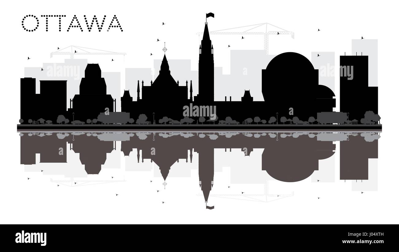 Ottawa City skyline silhouette noir et blanc avec des reflets. Vector ...