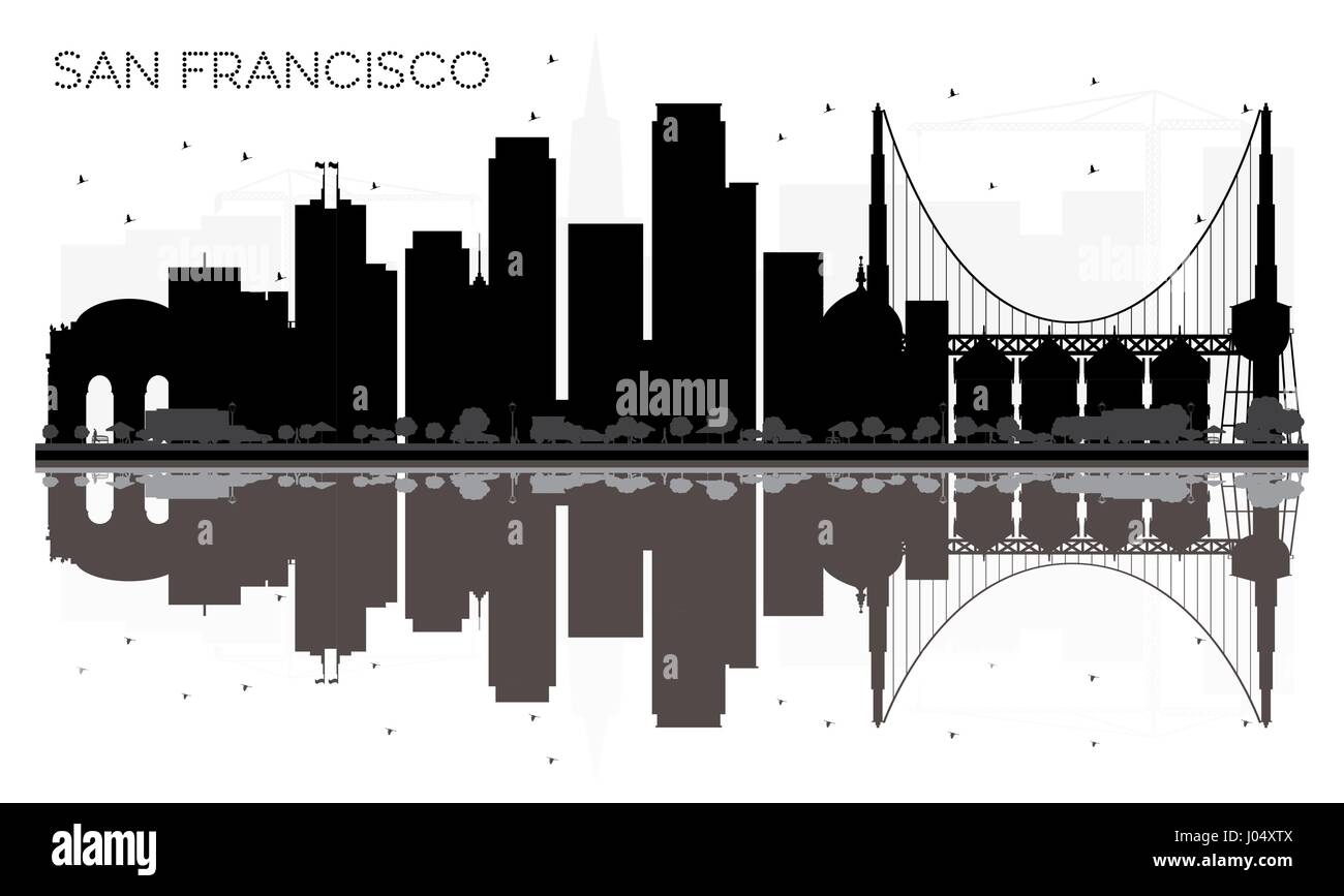 San Francisco City skyline silhouette noir et blanc avec des reflets. Vector illustration. Concept simple pour le tourisme, la bannière de présentation Illustration de Vecteur