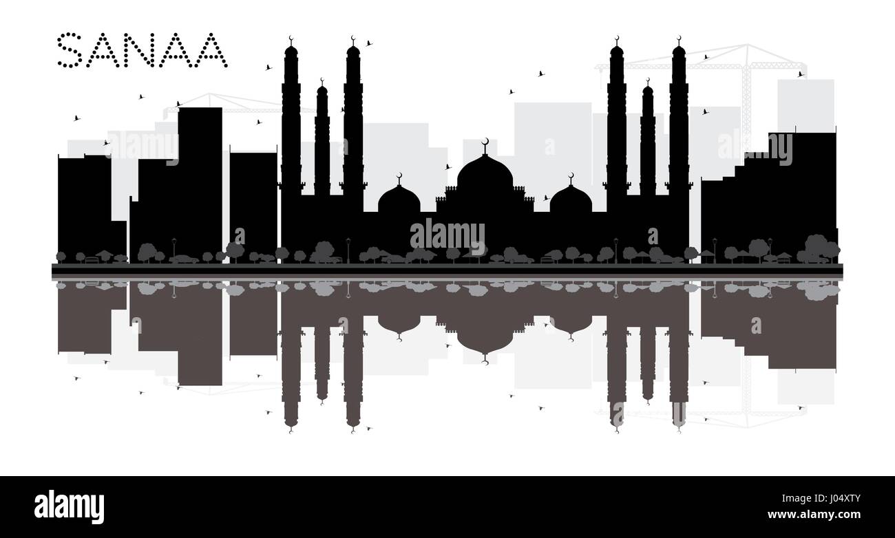 Sanaa ville silhouette noir et blanc avec des reflets. Vector illustration. Concept simple pour le tourisme présentation, bannière, un placard Illustration de Vecteur