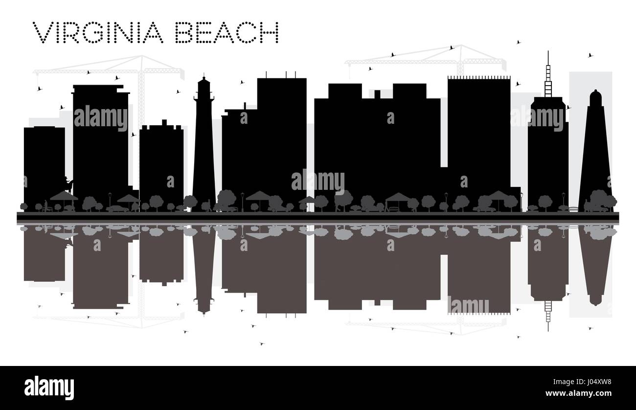 Virginia Beach City skyline silhouette noir et blanc avec reflets. vector illustration. simple télévision concept pour tourisme présentation, bannière Illustration de Vecteur