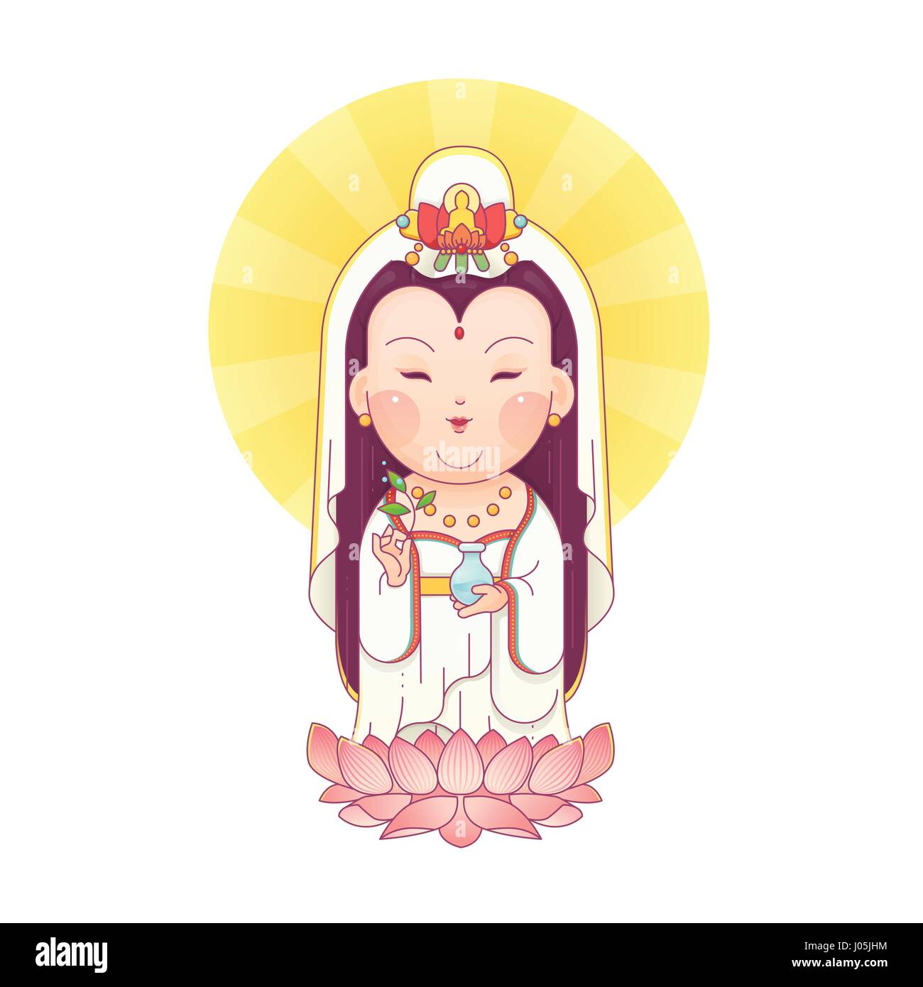 Vector Illustration de la Déesse de la miséricorde Guanyin debout sur le Lotus. Déesse chinoise. Personnage. Illustration de Vecteur