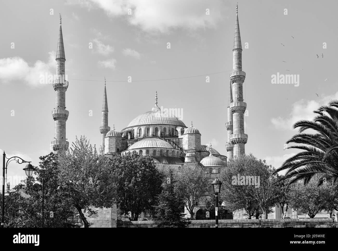 La Mosquée Sultan Ahmed ou Mosquée Sultan Ahmet est une mosquée historique situé à Istanbul, Turquie. Un site touristique populaire, la Mosquée Sultan Ahmed continue à fonctionner comme une mosquée aujourd'hui ; les hommes continuent à s'agenouiller en prière sur la Mosquée rouge luxuriant tapis après l'appel à la prière. La Mosquée Bleue, comme c'est généralement connu, a été construit entre 1609 et 1616 pendant le règne de Ahmed I. Son Külliye contient la tombe d'Ahmed, un madrasah et un hospice. Peint à la main magnifique carreaux bleus ornent les murs de l'intérieur de la mosquée, et la nuit, la mosquée est baigné de lumières bleu comme la mosquée du châssis principal de cinq dômes, s Banque D'Images