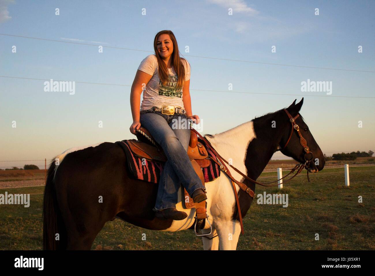 La fille selle un cheval photo stock. Image du pré, zone - 55604398