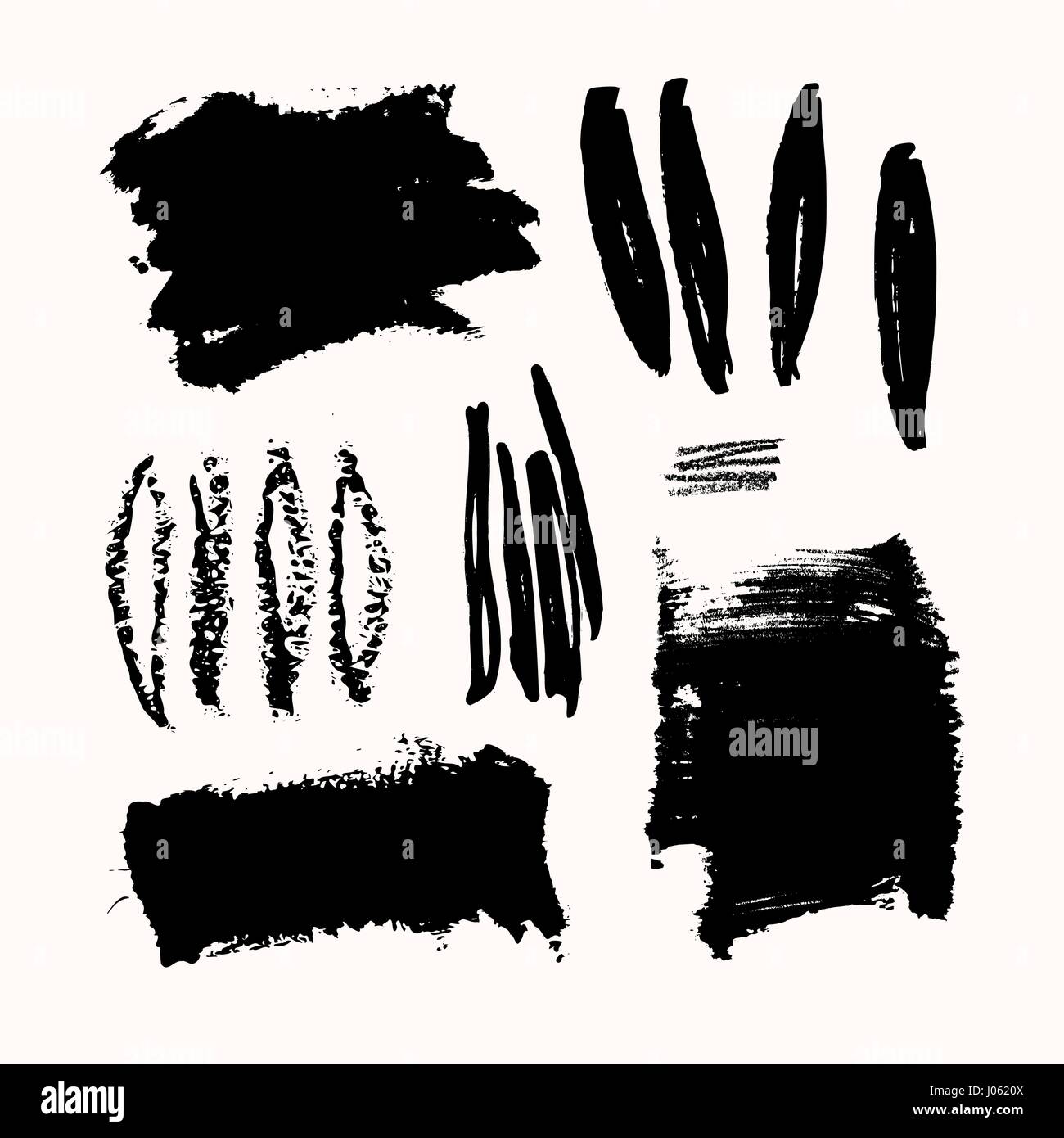 Un ensemble de coups de pinceau d'encre noire, isolé sur fond blanc. Éléments de conception graphique dessiné à la main avec l'exemplaire-espace. Illustration de Vecteur