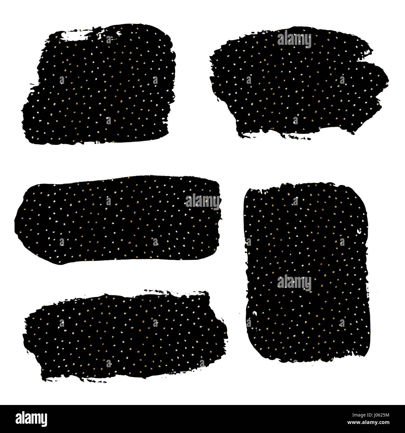 Un ensemble de coups de pinceau d'encre noire avec points dorés texture, isolé sur fond blanc. Éléments de conception graphique dessiné à la main avec l'exemplaire-espace. Illustration de Vecteur