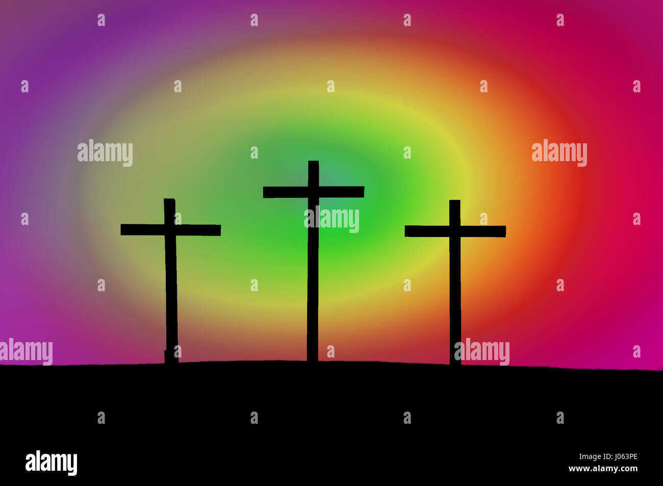 Trois croix de Pâques en silhouette avec arrière-plan coloré. Photographie d'une manipulation. Banque D'Images