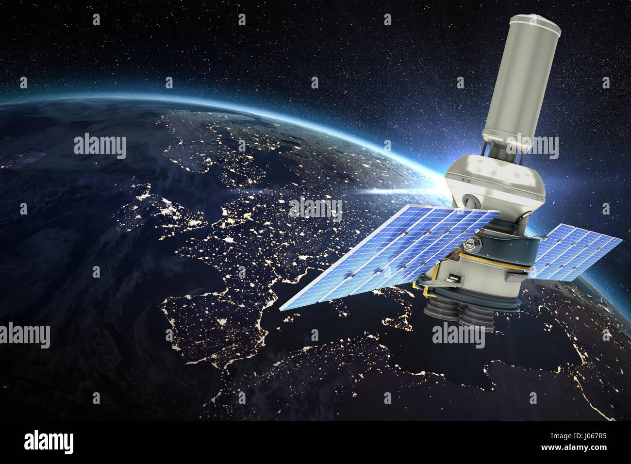 Image de vecteur 3d'ofÃ Â puissance solaire moderne contre la vue aérienne de la terre Banque D'Images