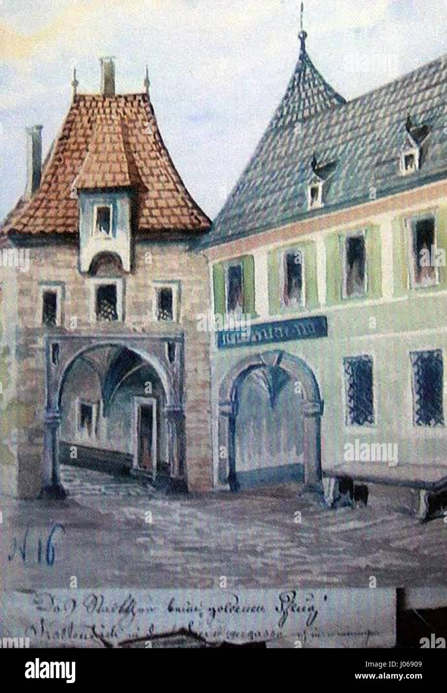 Frauentor de Franz Hölzlthuber représente le monumental Frauen Tor (porte des femmes) dans sa grandeur architecturale. Ce travail reflète l’observation attentive des structures historiques par Hölzlthuber et son appréciation de l’architecture classique. Banque D'Images