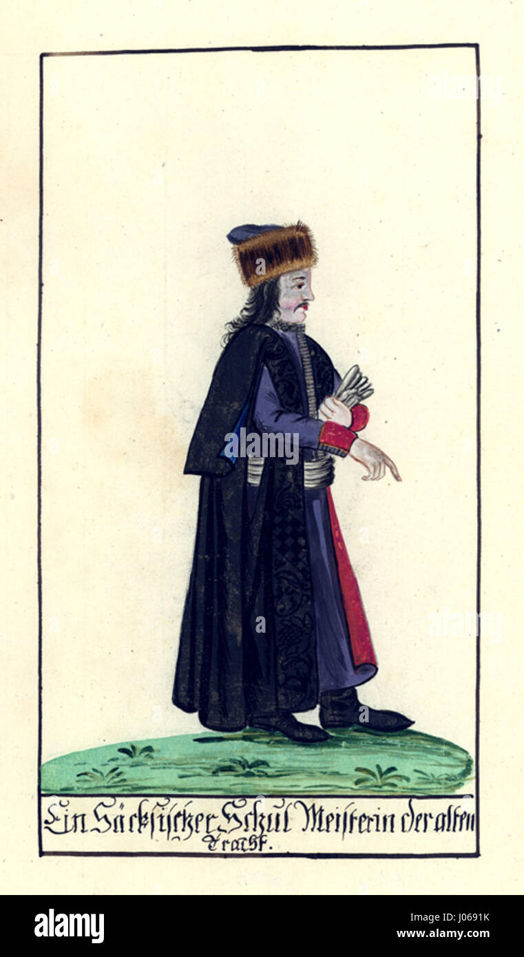 Trachten-Kabinett von Siebenbürgen est une publication de 1729 présentant des aquarelles d'un artiste de Graz, créée en 1692. Il présente des portraits de souverains de Transylvanie et des costumes traditionnels, y compris celui d'un maître d'école saxon en tenue traditionnelle. Banque D'Images Trachten-Kabinett von Siebenbürgen est une publication de 1729 présentant des aquarelles d'un artiste de Graz, créée en 1692. Il présente des portraits de souverains de Transylvanie et des costumes traditionnels, y compris celui d'un maître d'école saxon en tenue traditionnelle. Banque D'Images